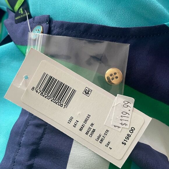 C. Wonder Blue Aqua White Striped Sleeveless Maxi Dress Silk - Picture 3 of 3